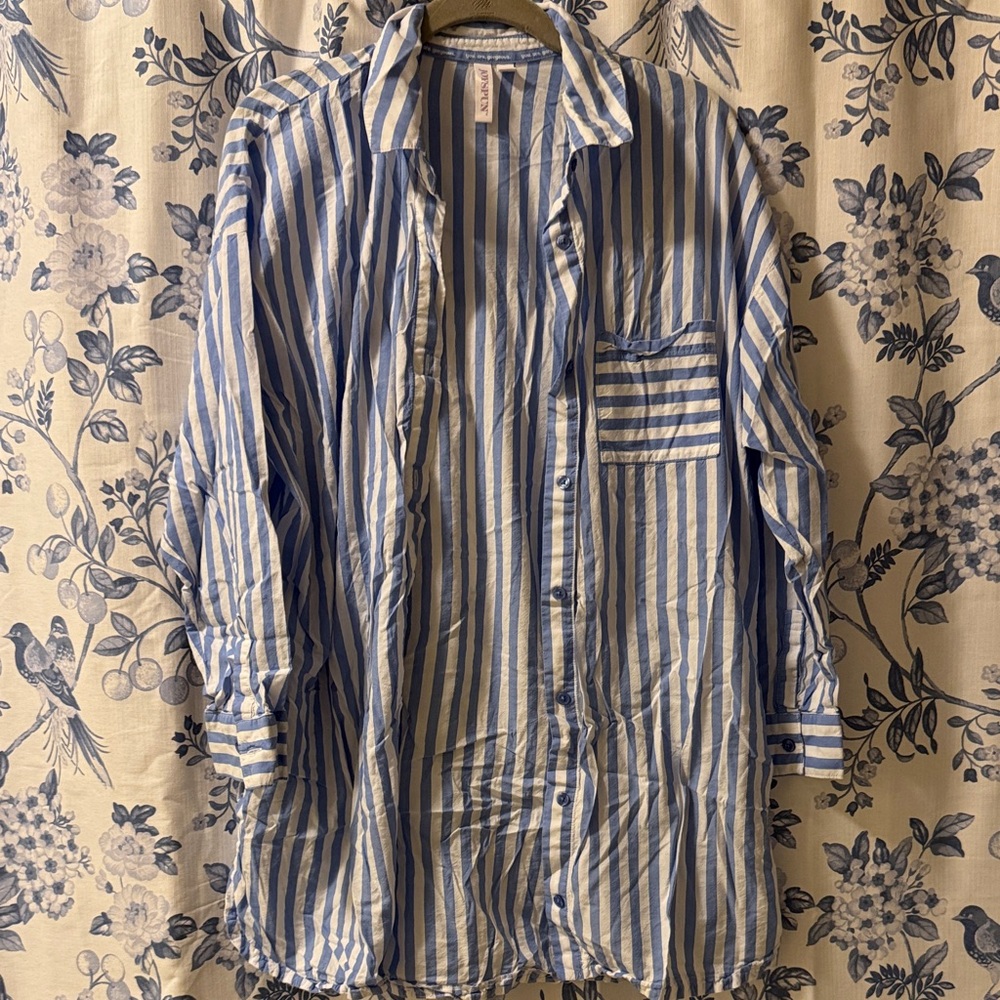 Women’s Striped Blue & White Cotton Robe Shirt by